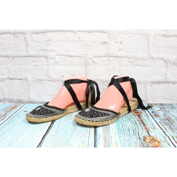 Tintori Black Beaded Embroidered Espadrille Lace-up Sandals Size 40 / 9 - Picture 2 of 9